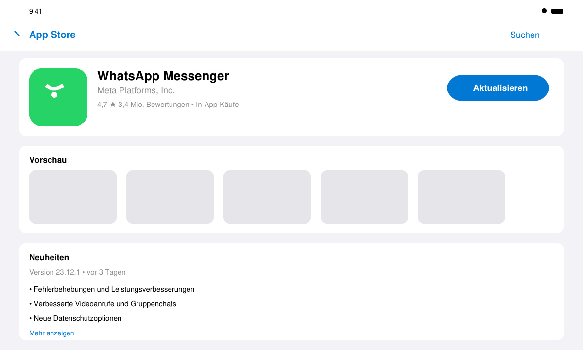 Detailansicht der WhatsApp-App im App Store mit dem blauen Aktualisieren-Button