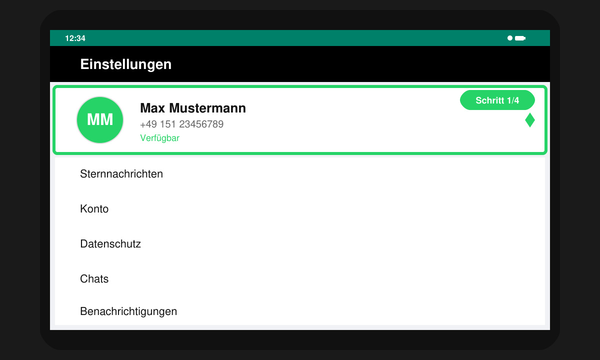 Screenshot of WhatsApp settings menu with the profile section highlighted on an Android phone