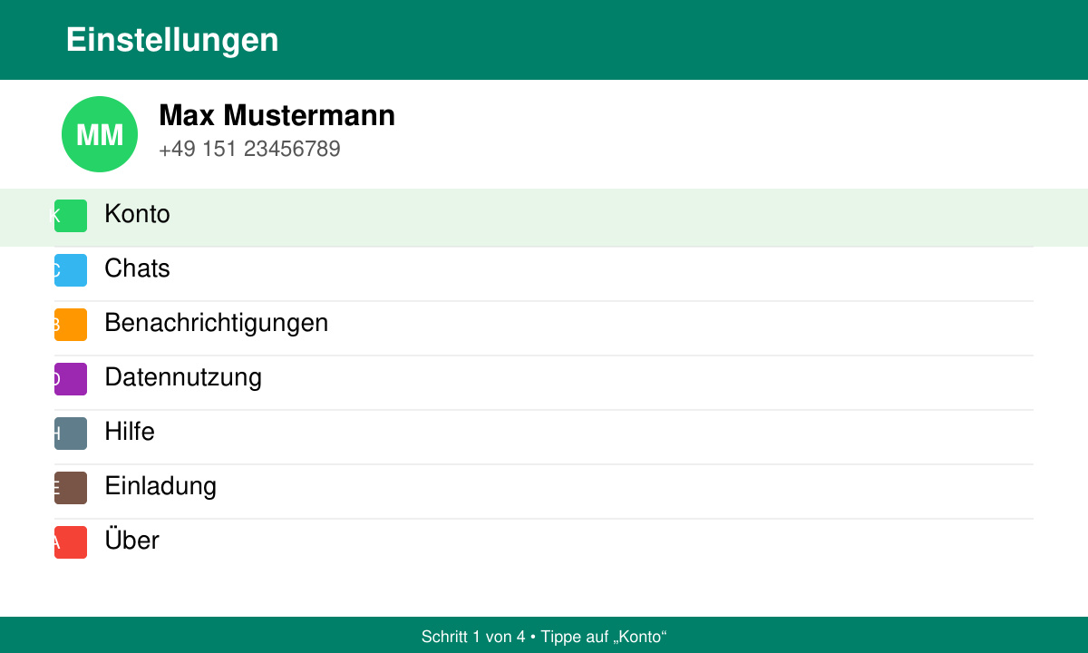 WhatsApp-Einstellungsmenü mit markiertem Eintrag „Konto“ auf dem Bildschirm