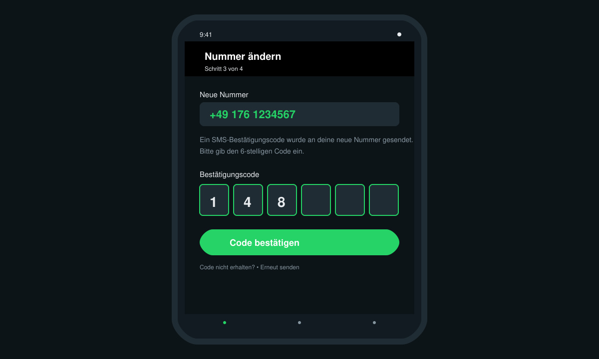 Eingabefeld für den SMS-Bestätigungscode in WhatsApp mit sichtbarer neuer Nummer