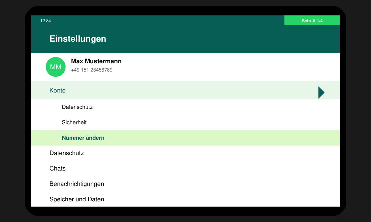 WhatsApp-Menü mit geöffnetem Reiter „Konto“ auf einem Android-Gerät