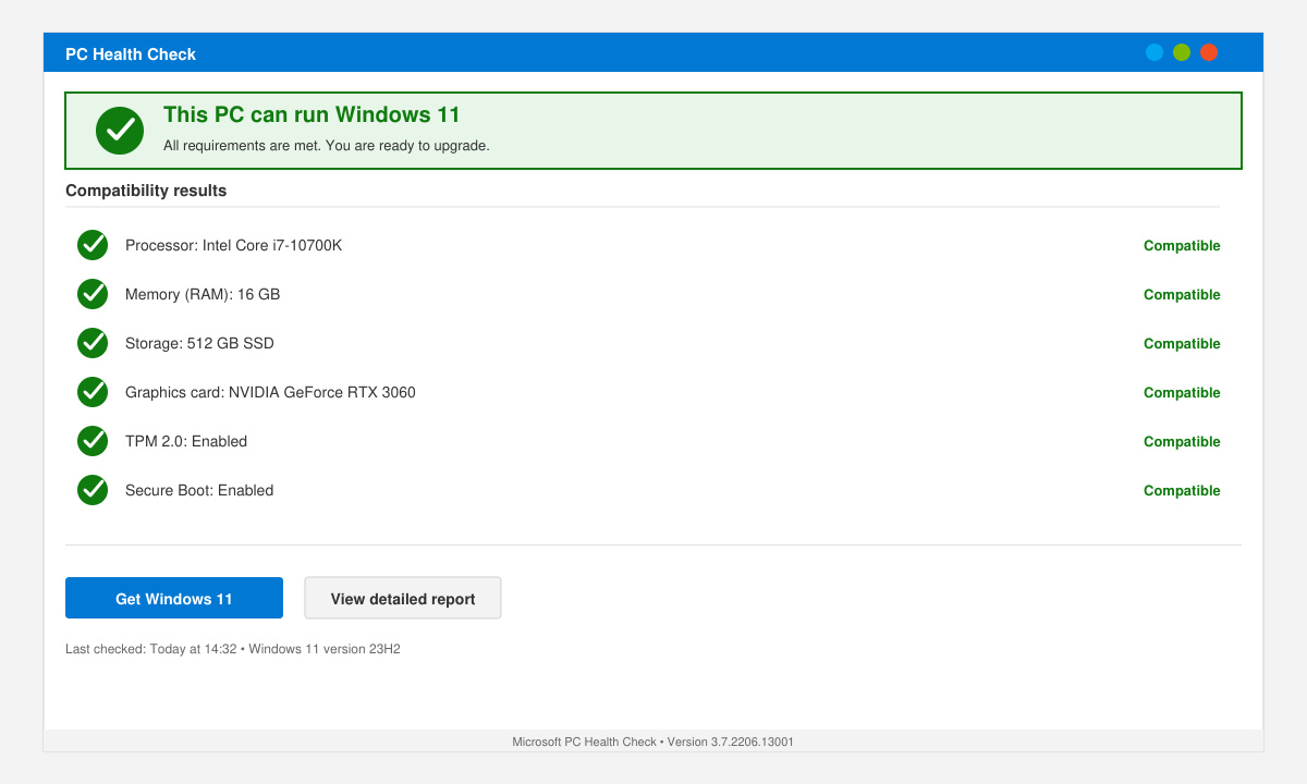 Screenshot of the PC Health Check tool window displaying compatibility results