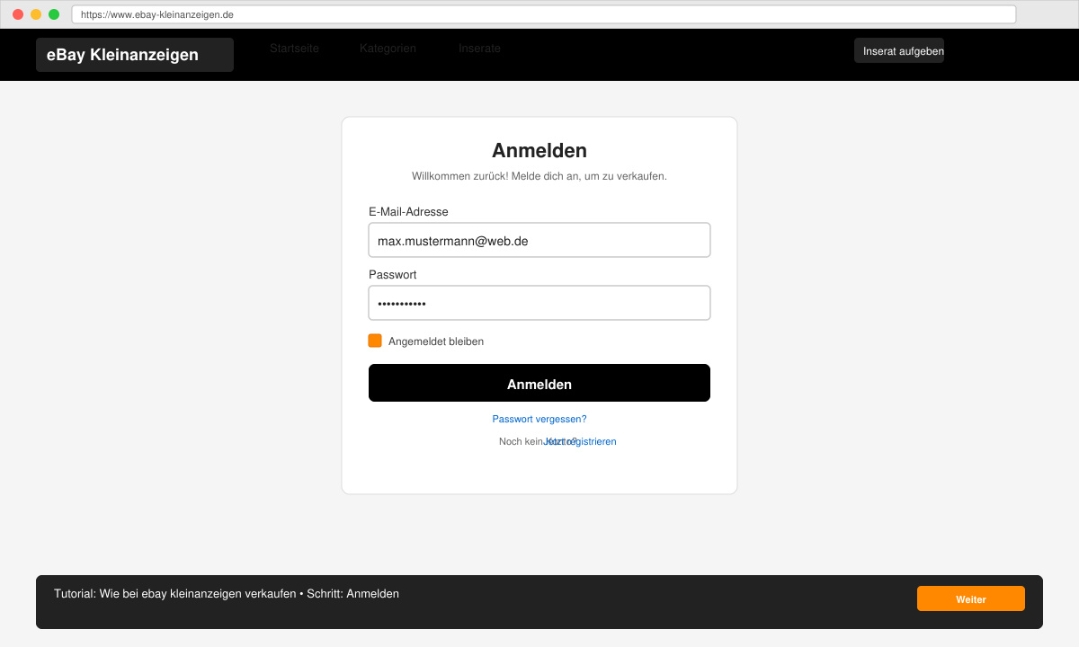 Anmeldeformular auf der eBay Kleinanzeigen Website