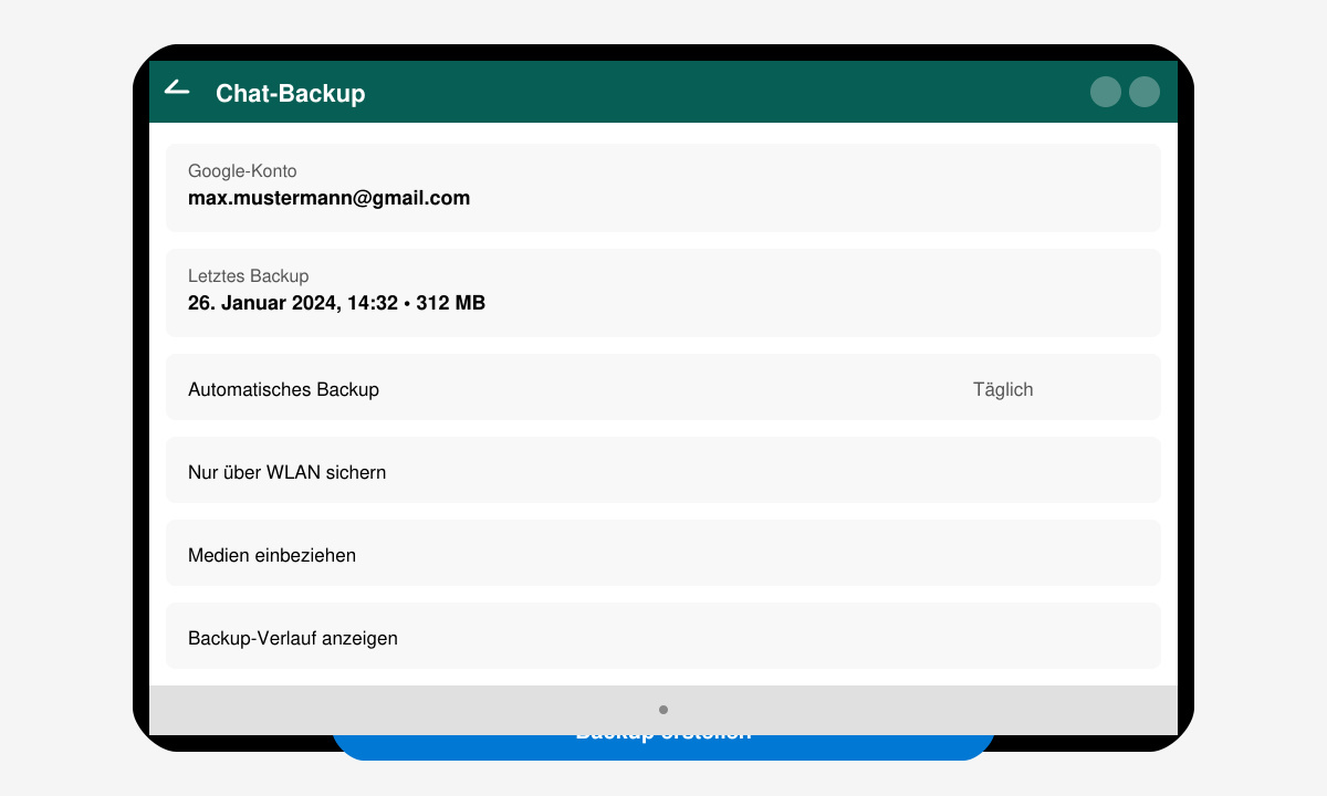 WhatsApp-Einstellungsmenü mit hervorgehobener Option „Chat-Backup“ auf einem Android-Handy