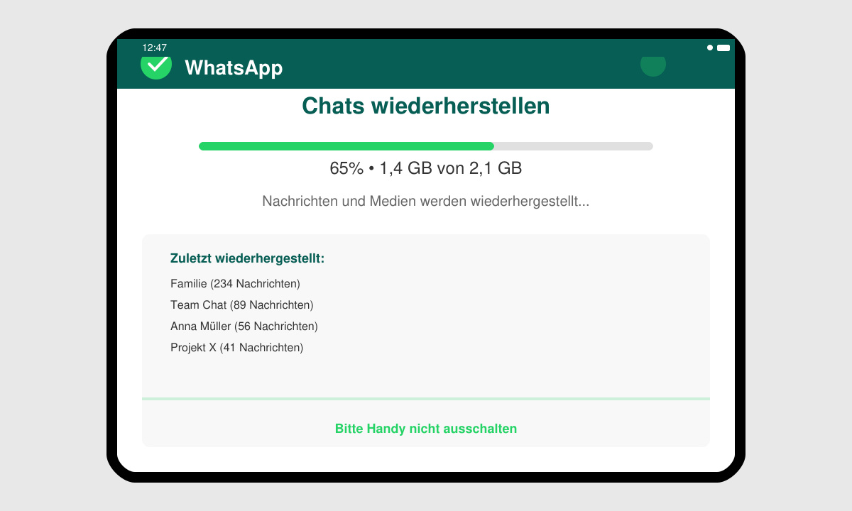 WhatsApp-Wiederherstellungsbildschirm auf dem neuen Handy mit Fortschrittsbalken