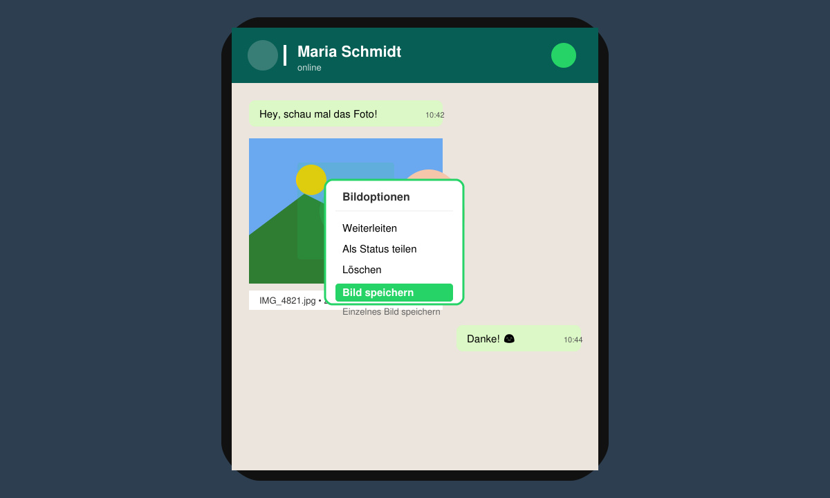 Langes Tippen auf ein WhatsApp-Bild zum Speichern in die Galerie