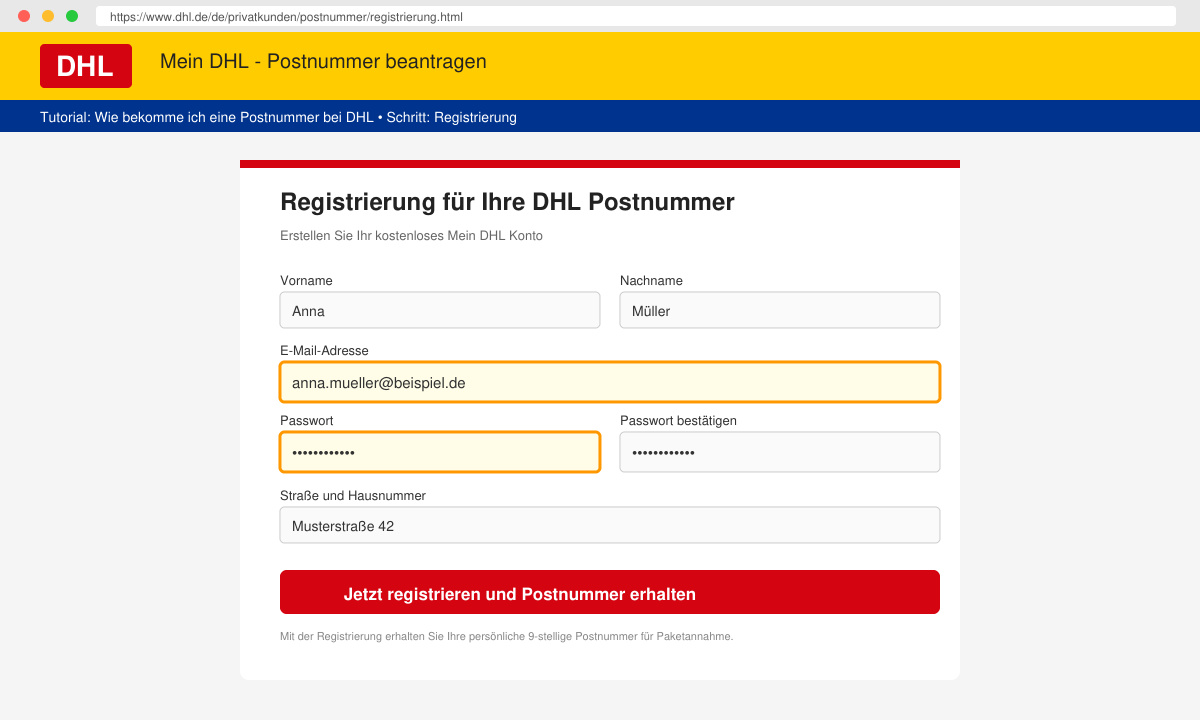 Screenshot des DHL-Registrierungsformulars mit hervorgehobenen Feldern für E-Mail und Passwort