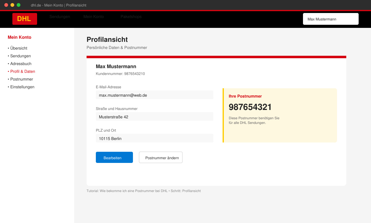 Ansicht des DHL-Kundenkontos mit sichtbarer Postnummer im Profilbereich