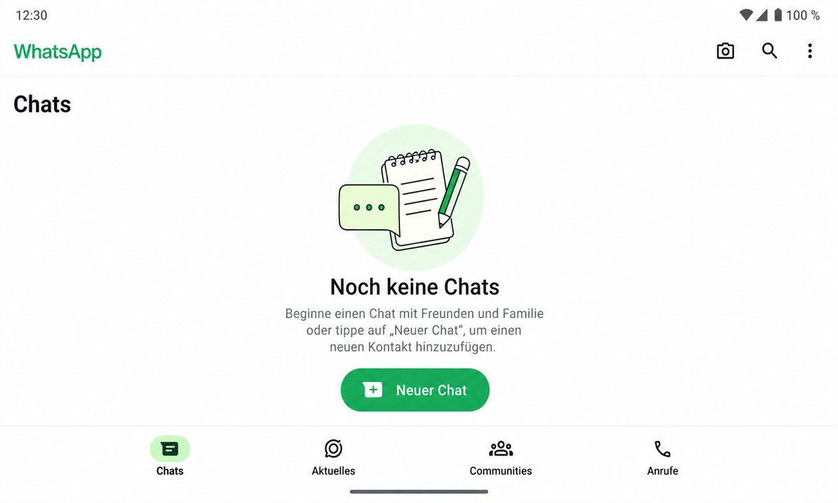 WhatsApp-Hauptbildschirm nach erfolgreicher Registrierung mit leerem Chat-Verlauf