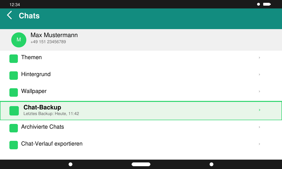 WhatsApp-Einstellungsmenü mit Chat-Backup-Option auf einem Android-Handy