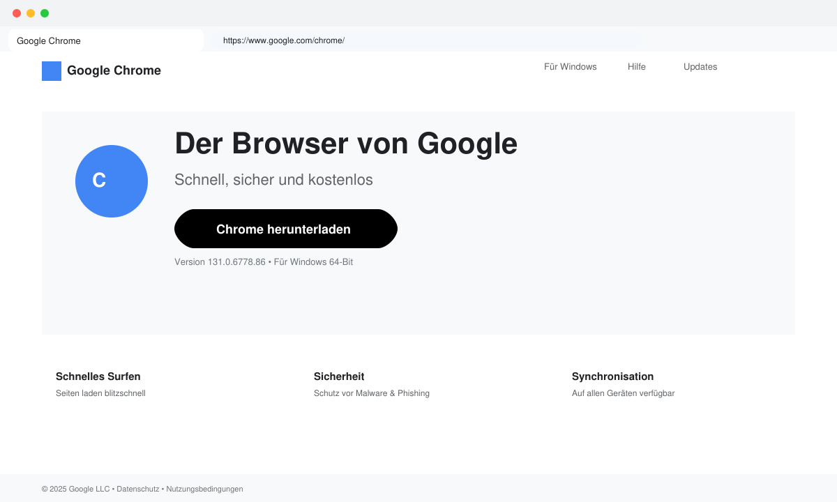 Screenshot der offiziellen Google Chrome Download-Seite mit hervorgehobener Download-Schaltfläche