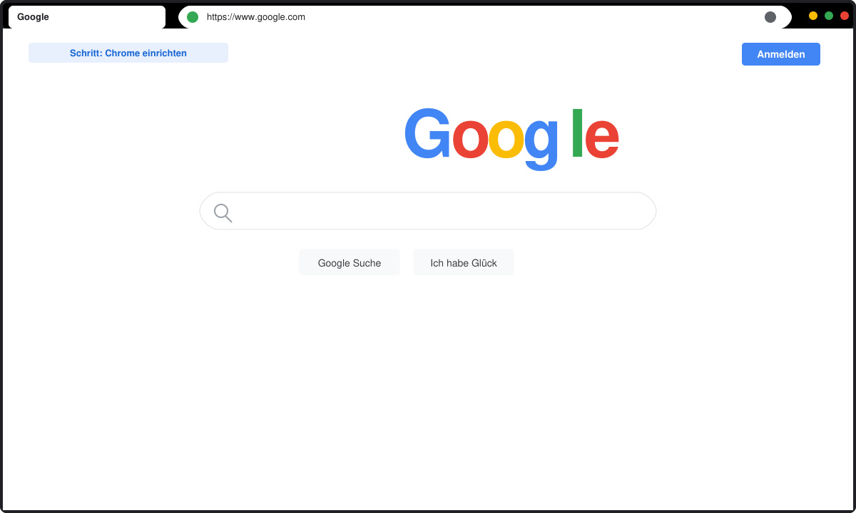 Google Chrome Startseite mit Google-Suche und Anmeldeaufforderung