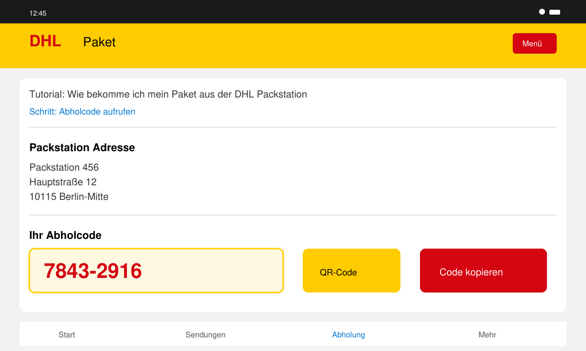 Screenshot der DHL App mit angezeigtem Abholcode und Packstationsadresse