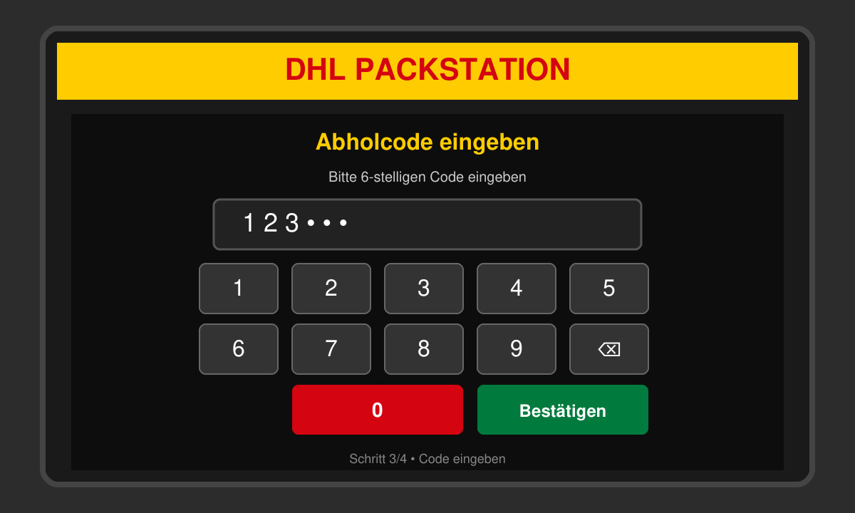 Nahaufnahme des Packstations-Displays beim Eingeben des Abholcodes