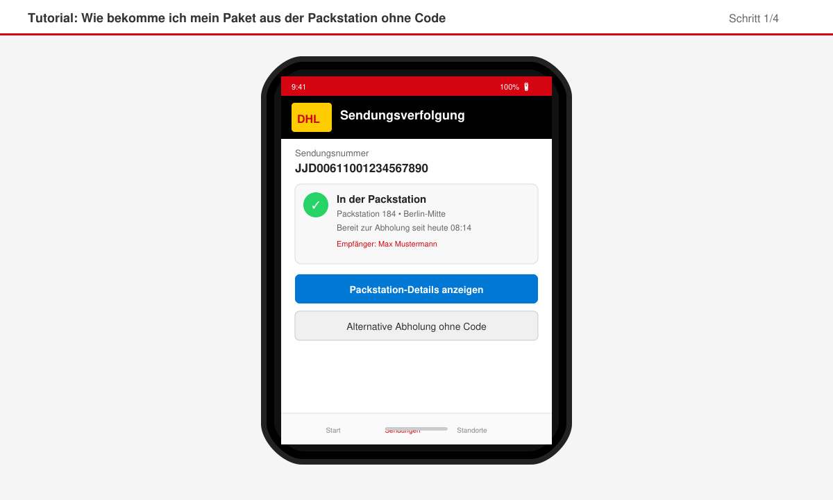 DHL App Bildschirm mit Sendungsverfolgung für Packstation