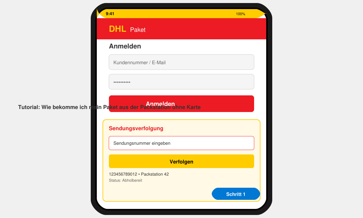 Smartphone Bildschirm mit geöffneter DHL App und Anmeldebildschirm