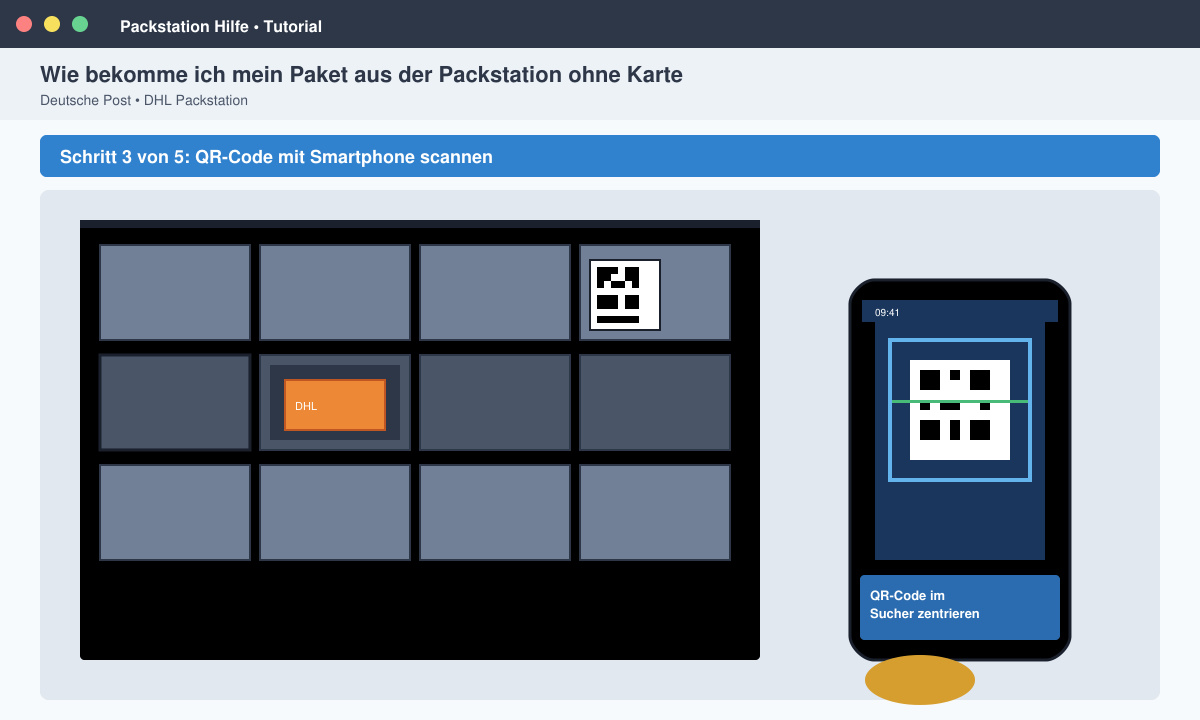 Nahaufnahme einer Packstation mit geöffnetem Fach und Smartphone, das den QR-Code scannt