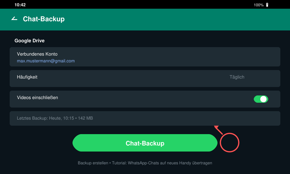 WhatsApp-Einstellungsmenü mit hervorgehobener Chat-Backup-Option auf einem Android-Handy