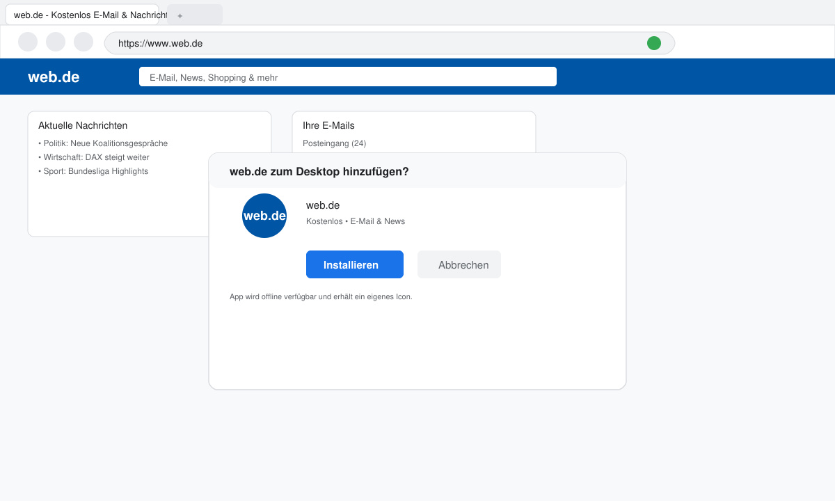 Installationsdialog in Chrome mit web.de-Logo und „Installieren“-Button