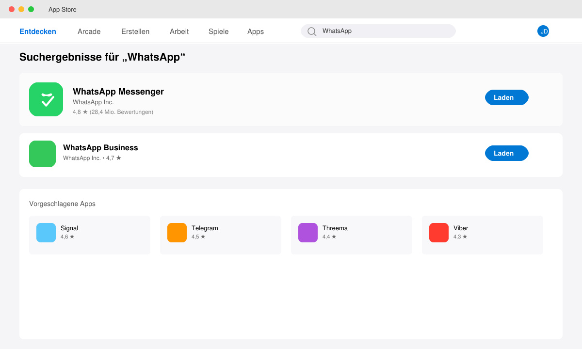 Bildschirm des App Stores mit Suchleiste für WhatsApp