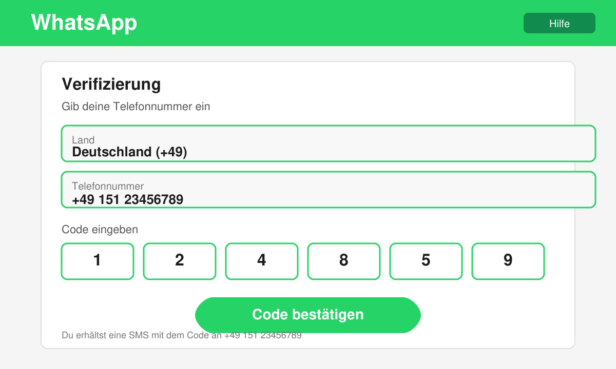 WhatsApp-Startbildschirm mit Eingabefeld für die Telefonnummer