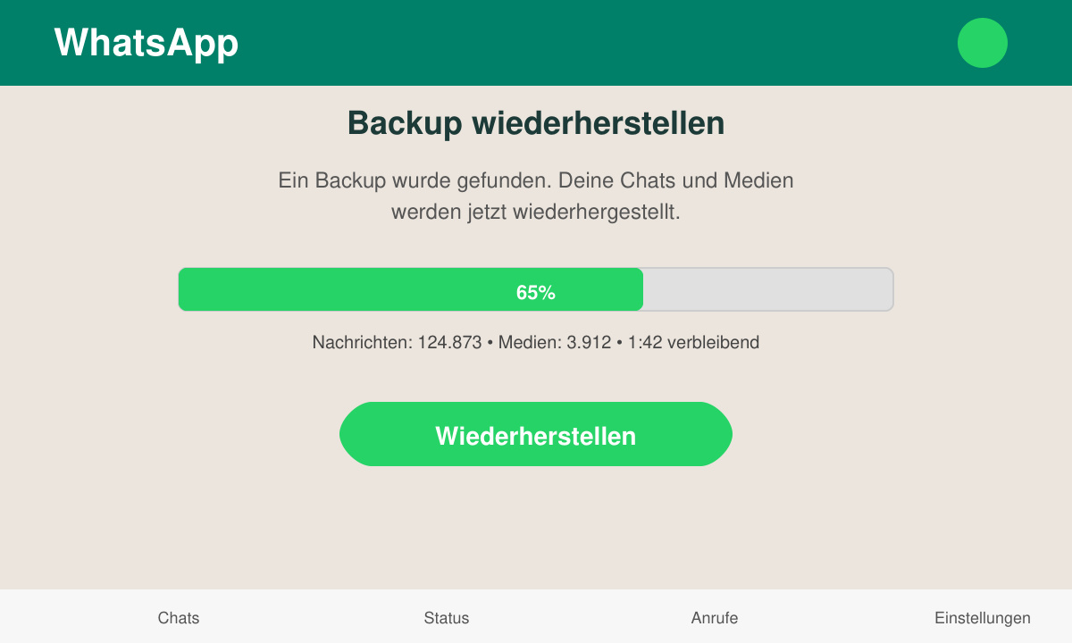 WhatsApp-Bildschirm mit Wiederherstellen-Button und Fortschrittsanzeige beim Laden des Backups