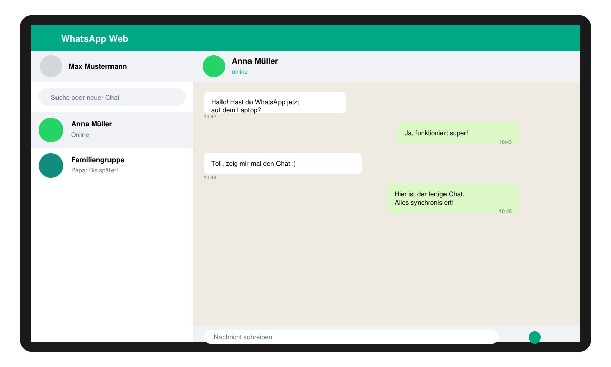 Fertiger WhatsApp-Web-Chat auf dem Laptop mit geöffnetem Gesprächsfenster und Nachrichtenverlauf
