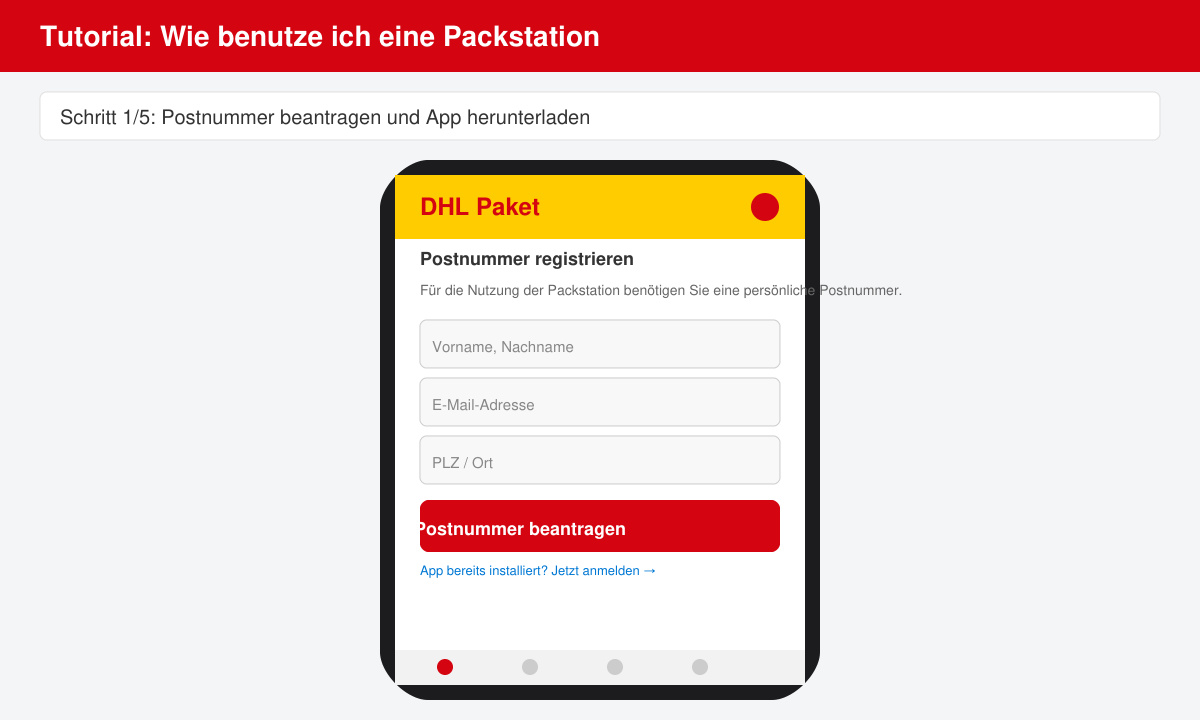 Smartphone-Bildschirm mit der DHL App während der Postnummer-Registrierung