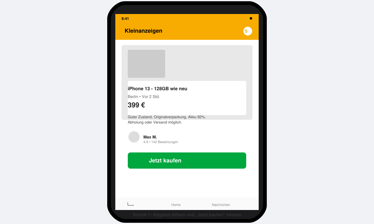 Smartphone-Bildschirm mit geöffnetem Angebot und sichtbarem „Jetzt kaufen“-Button