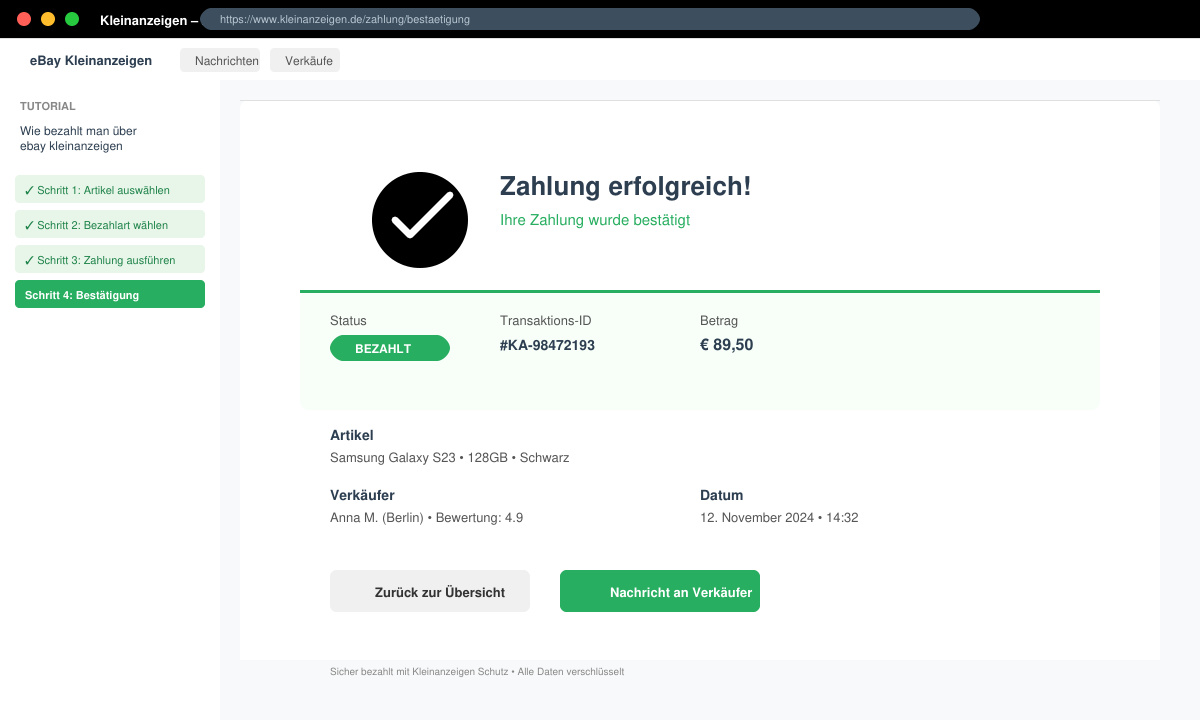 Bestätigungsseite nach erfolgreicher Zahlung mit Statusanzeige