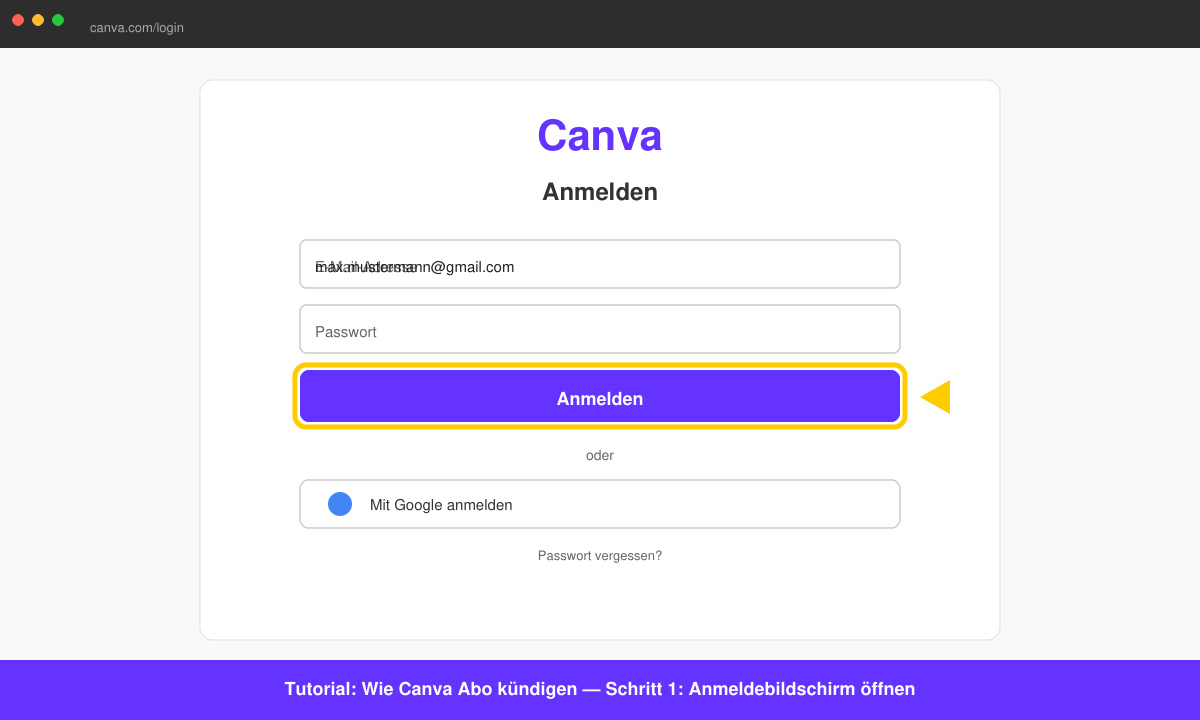 Anmeldebildschirm von Canva mit hervorgehobener Schaltfläche „Anmelden“