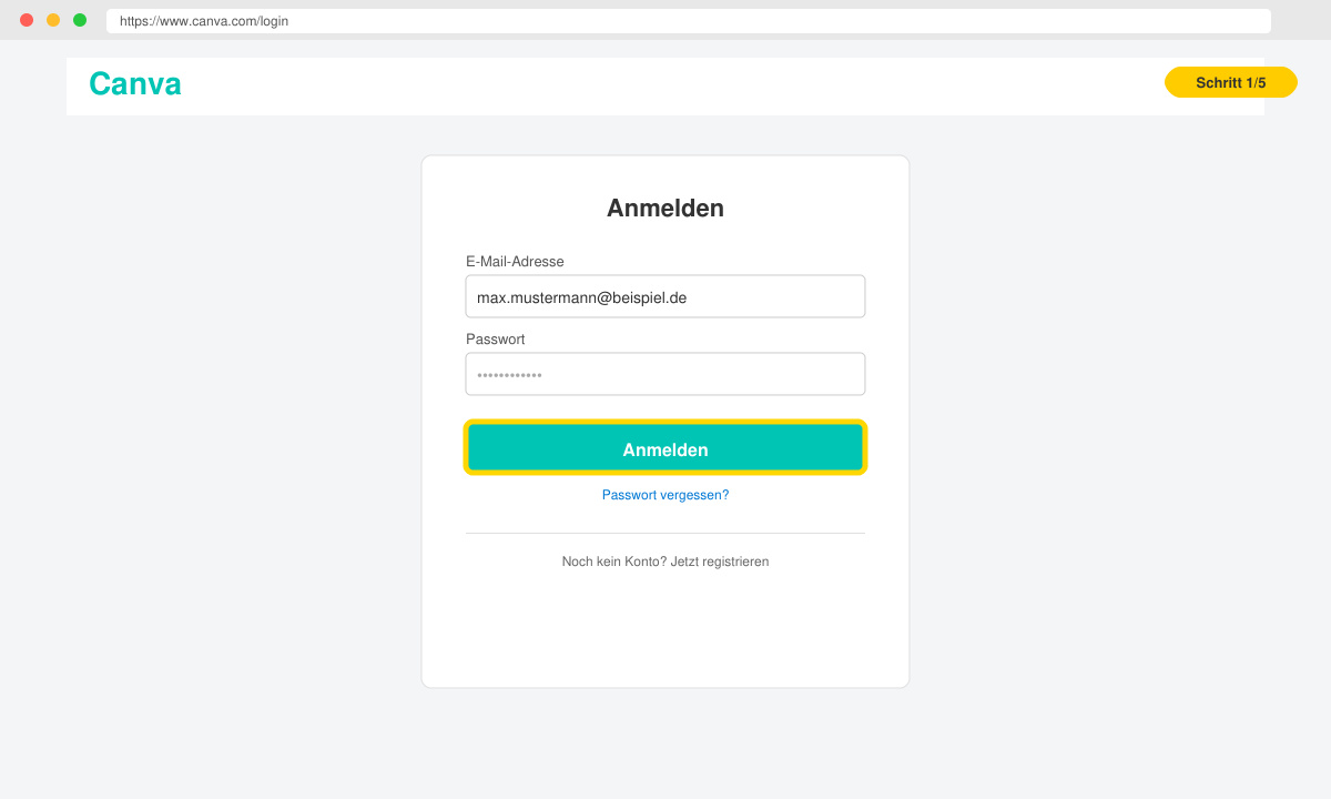 Anmeldebildschirm von Canva mit hervorgehobener Schaltfläche
