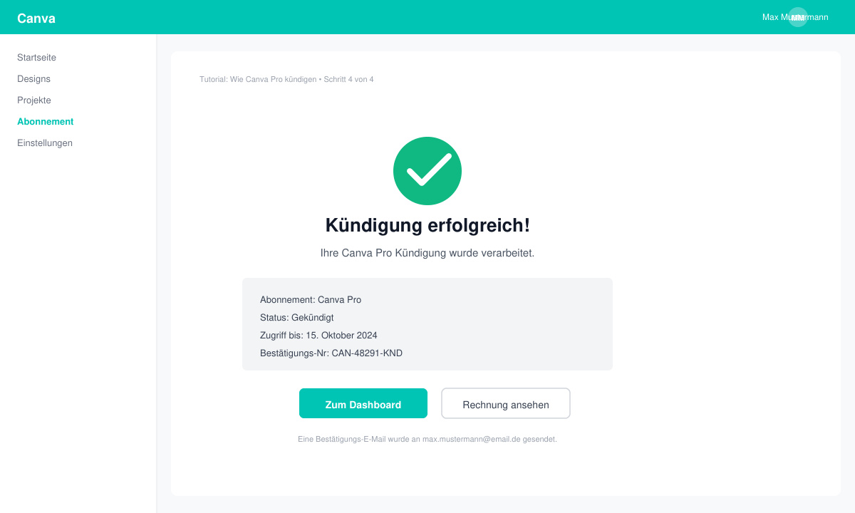 Bestätigungsseite nach erfolgreicher Kündigung von Canva Pro