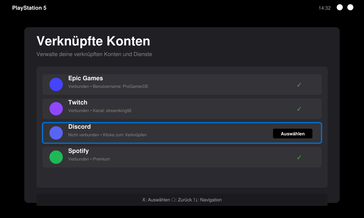 Bildschirm der PS5 mit geöffnetem Menü „Verknüpfte Konten“ und markierter Discord-Option