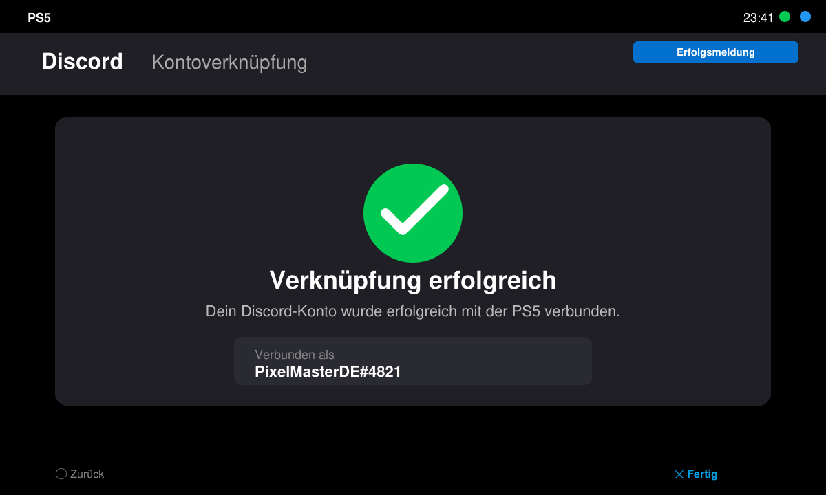 Erfolgsbildschirm auf der PS5 nach erfolgreicher Discord-Verknüpfung