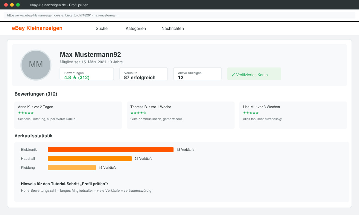 Screenshot eines Kleinanzeigen-Profils mit hervorgehobenen Bewertungen und Erstellungsdatum