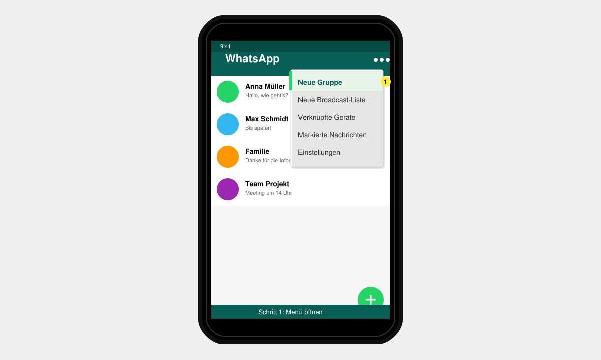 Bildschirm mit geöffnetem WhatsApp-Menü und hervorgehobener Schaltfläche „Neue Gruppe“