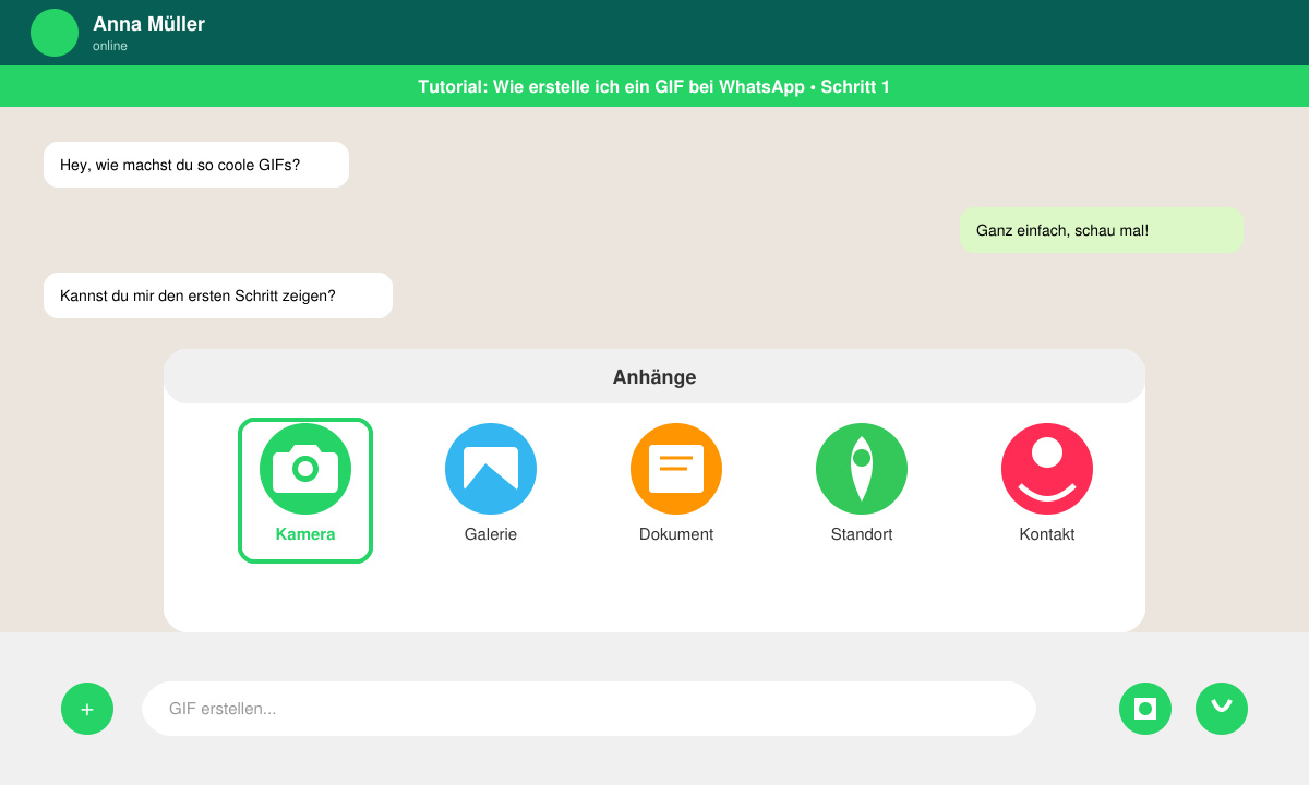 WhatsApp-Chat mit geöffnetem Anhang-Menü und Kamera-Button