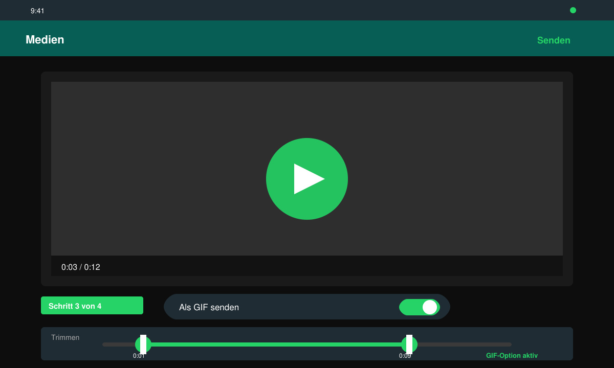 Medien-Editor in WhatsApp mit aktivierter GIF-Option und Trimm-Reglern