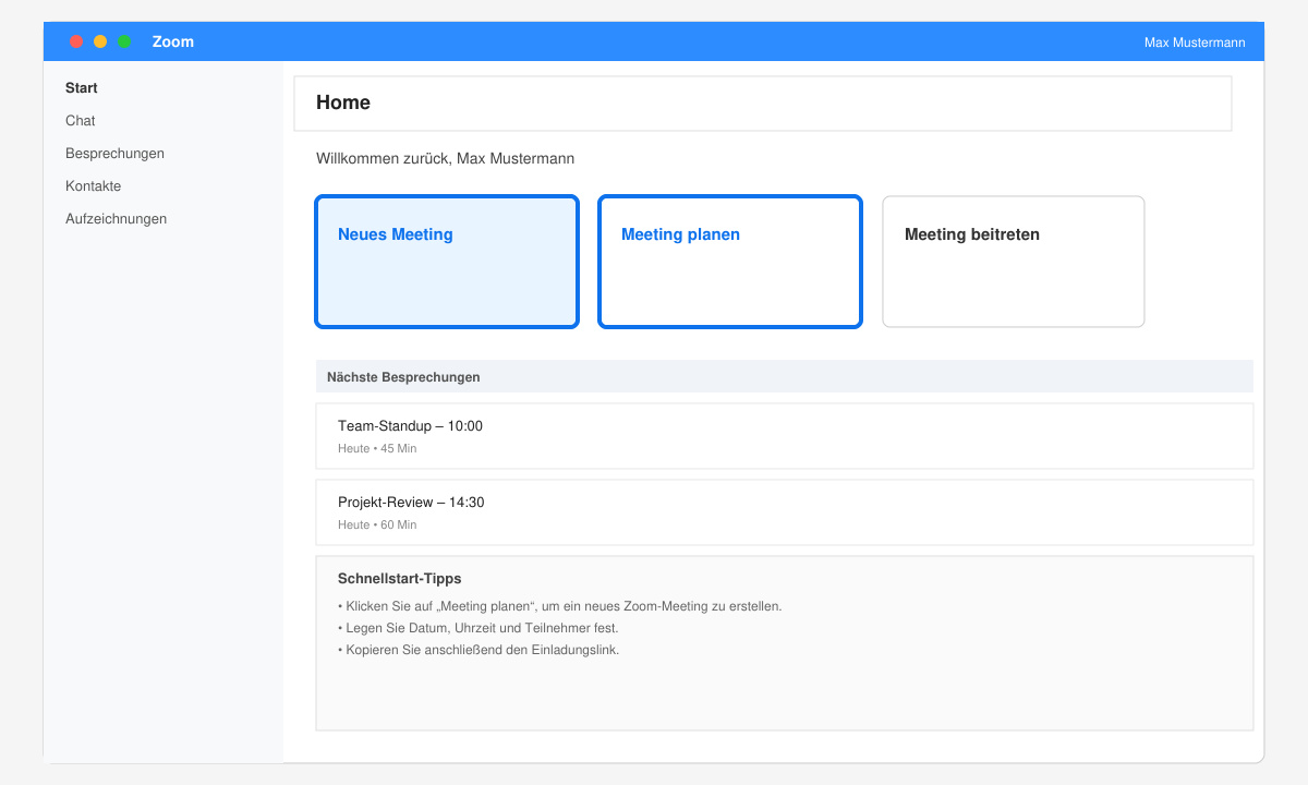 Zoom-Desktop-App mit geöffnetem Menü und „Meeting planen“-Schaltfläche
