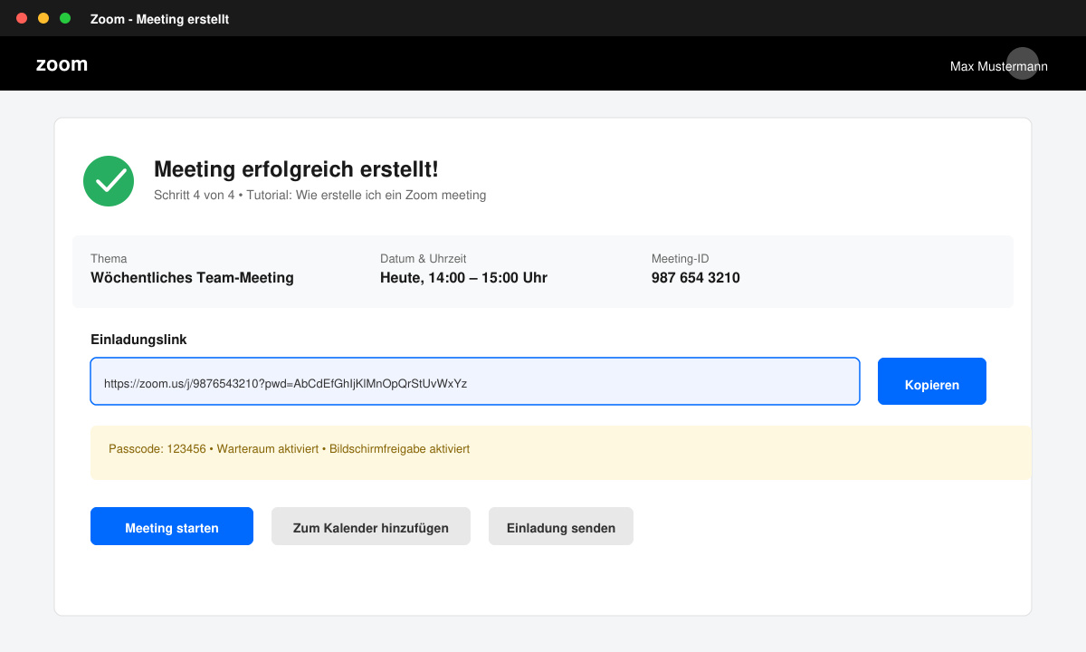 Zoom-Bestätigungsfenster mit kopiertem Einladungslink