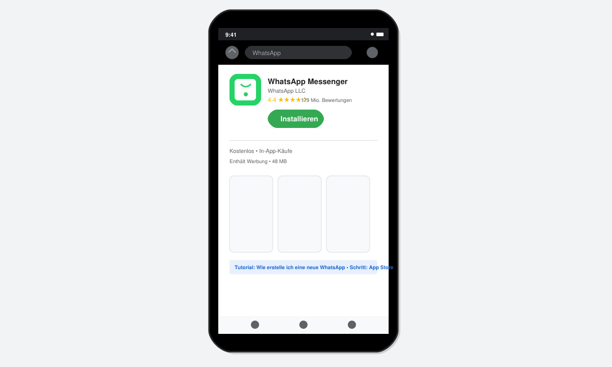 Smartphone-Bildschirm mit WhatsApp-Download-Button im App Store