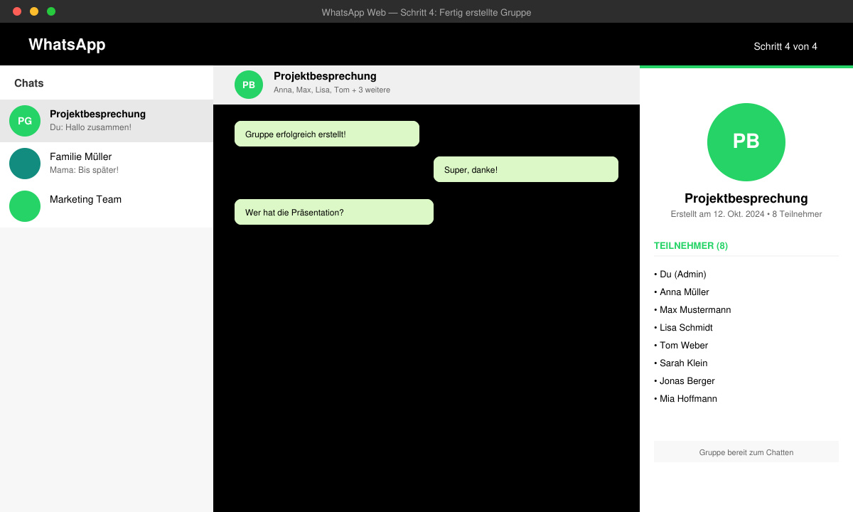Fertig erstellte WhatsApp-Gruppe mit Namen, Bild und Teilnehmerliste