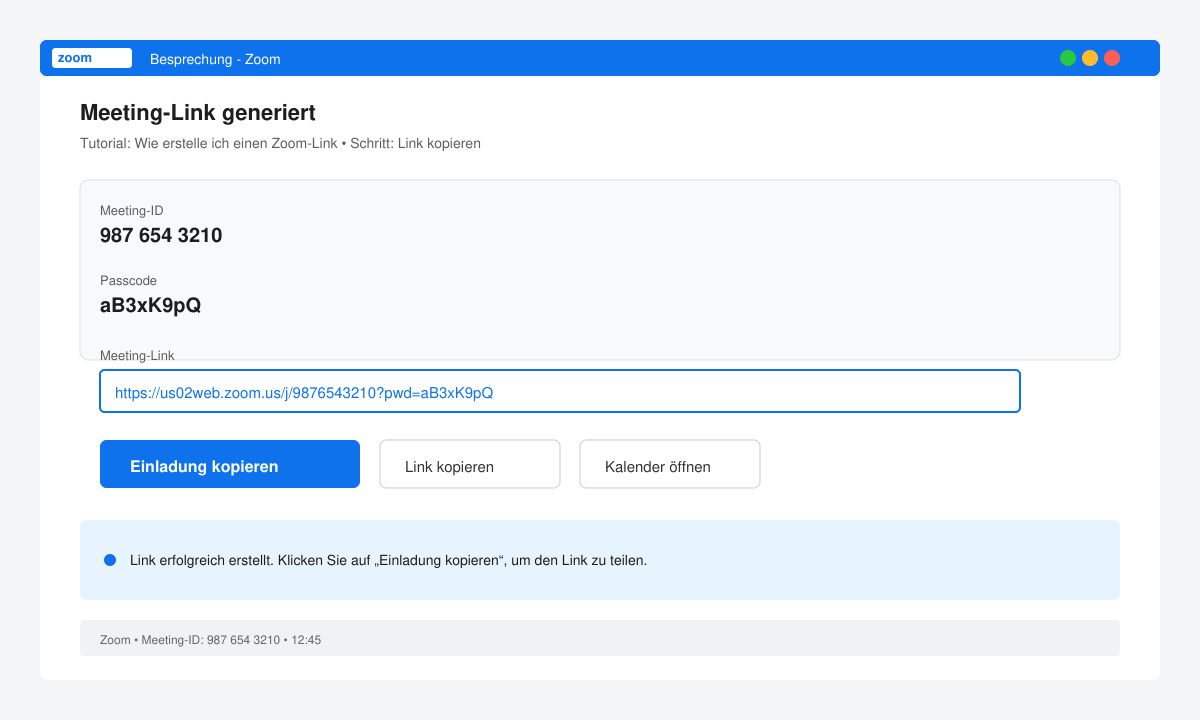 Zoom-Fenster mit dem generierten Meeting-Link und dem Button „Einladung kopieren“