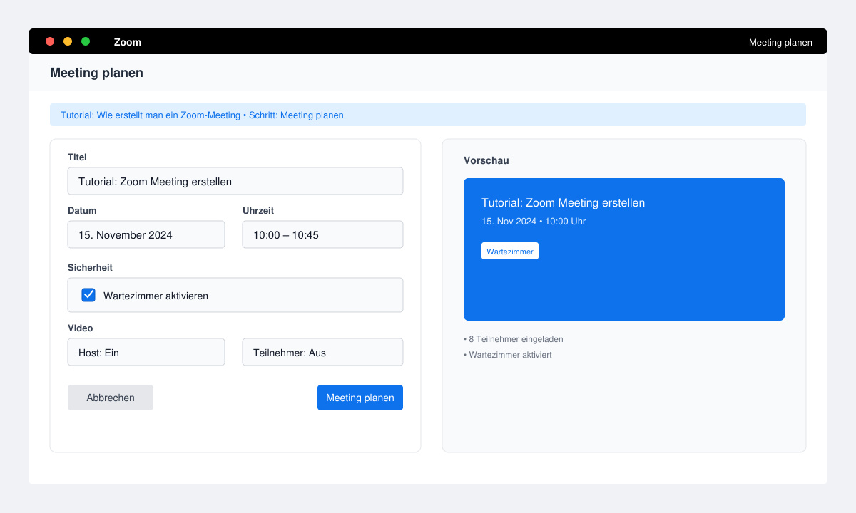 Zoom-Planungsformular mit ausgefüllten Feldern für Titel, Datum und Wartezimmer-Option
