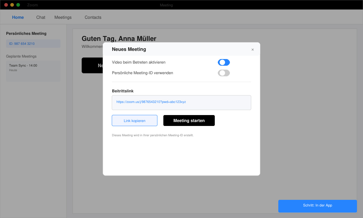 Zoom-App-Bildschirm mit geöffnetem „Neues Meeting“-Dialog und sichtbarem Beitrittslink