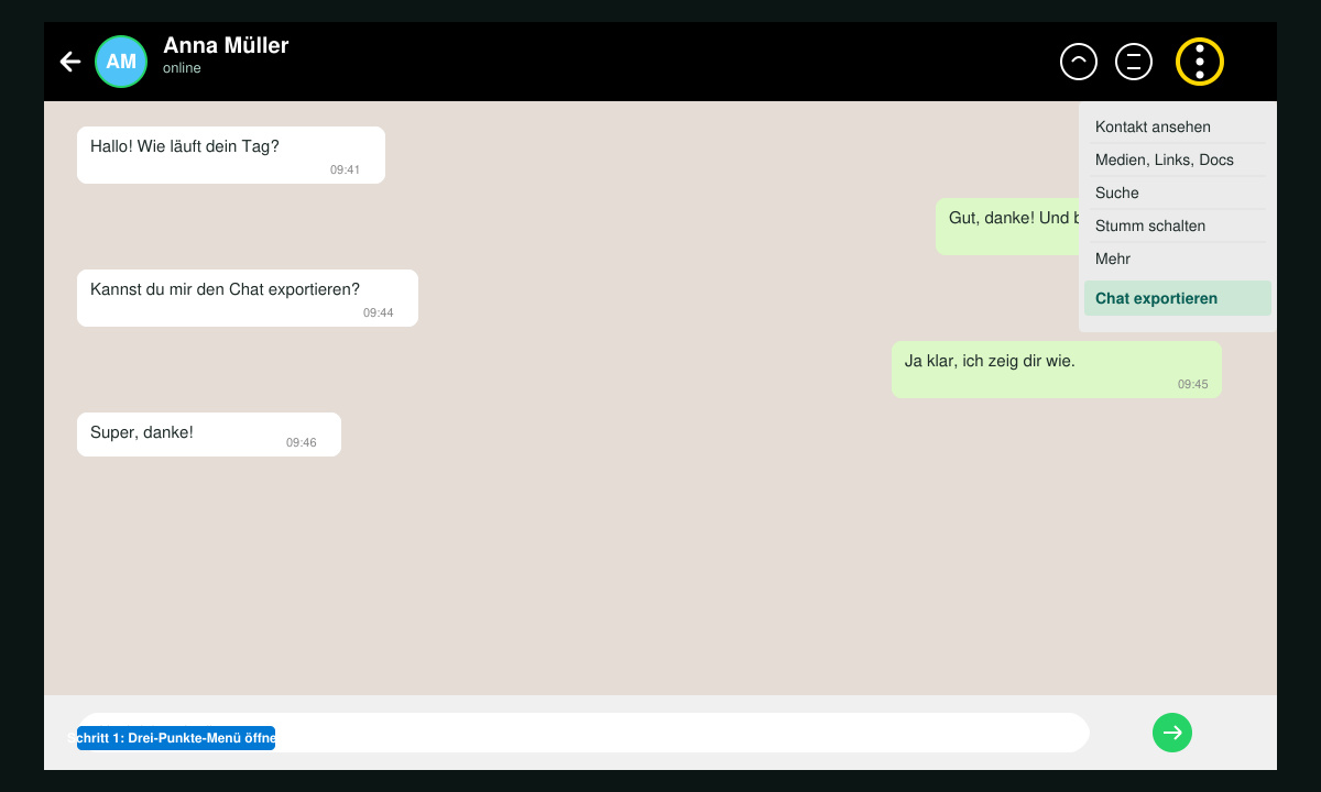 Detaillierte Ansicht des WhatsApp-Chats mit hervorgehobenem Drei-Punkte-Menü oben rechts