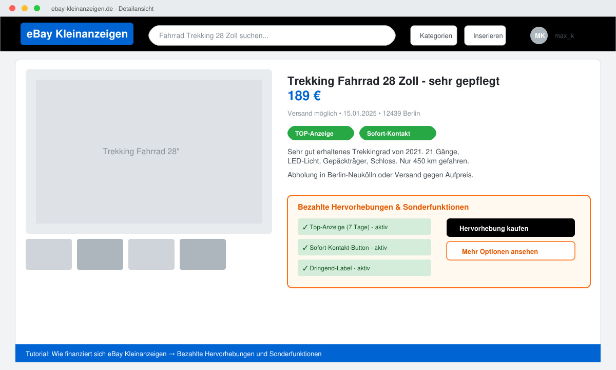 Detailansicht einer Anzeige mit aktivierten Premium-Optionen und Hervorhebungs-Buttons