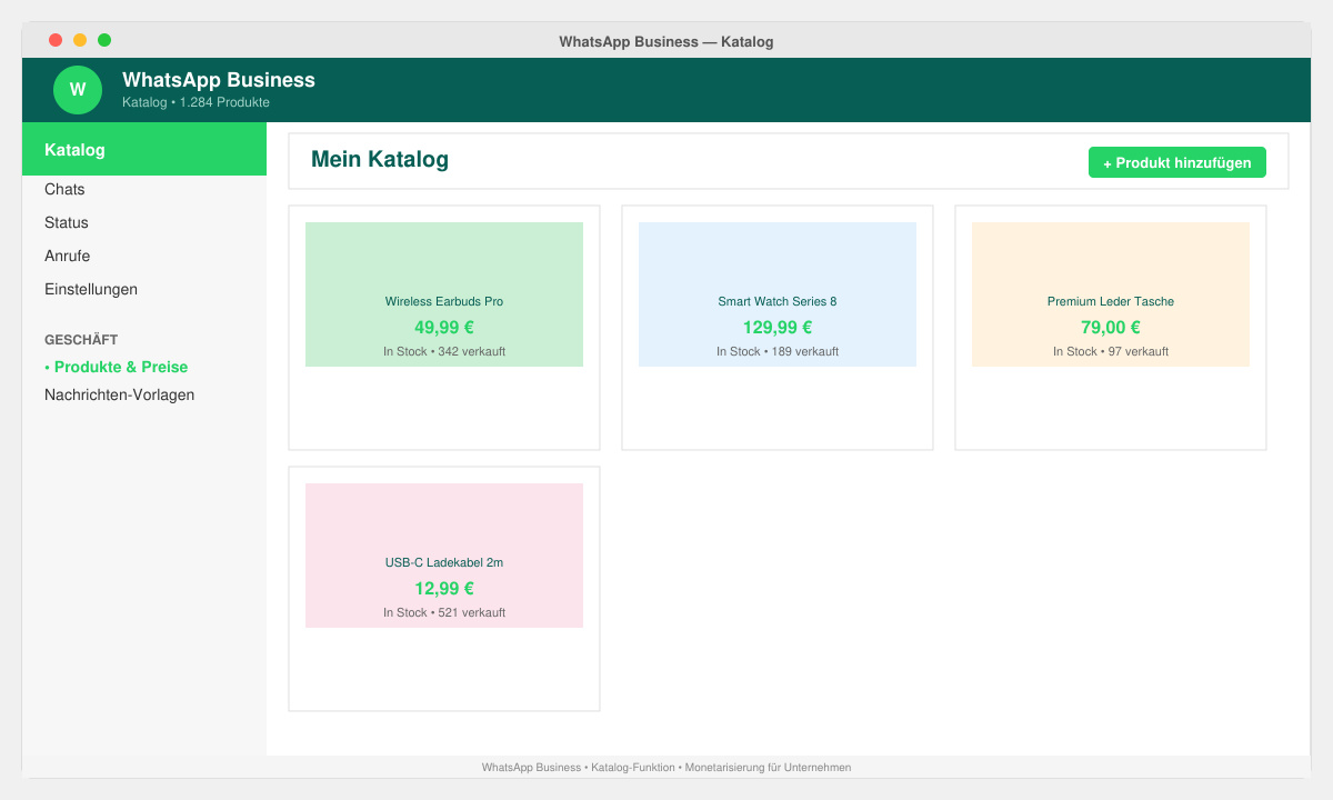 Screenshot der WhatsApp Business App mit Katalog-Funktion