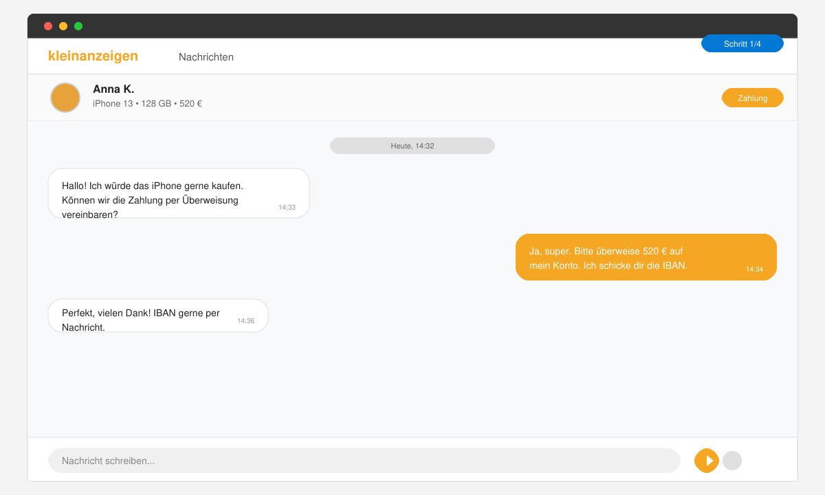 Screenshot des Chat-Fensters in eBay Kleinanzeigen mit einer Nachricht zur Zahlungsvereinbarung